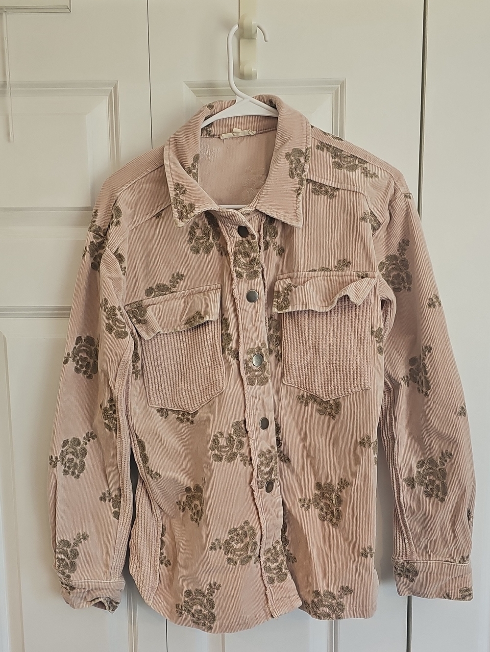 Mystree Blush Pink Corduroy Shirt Jacket with Floral Label Accent - Picture 1 of 4